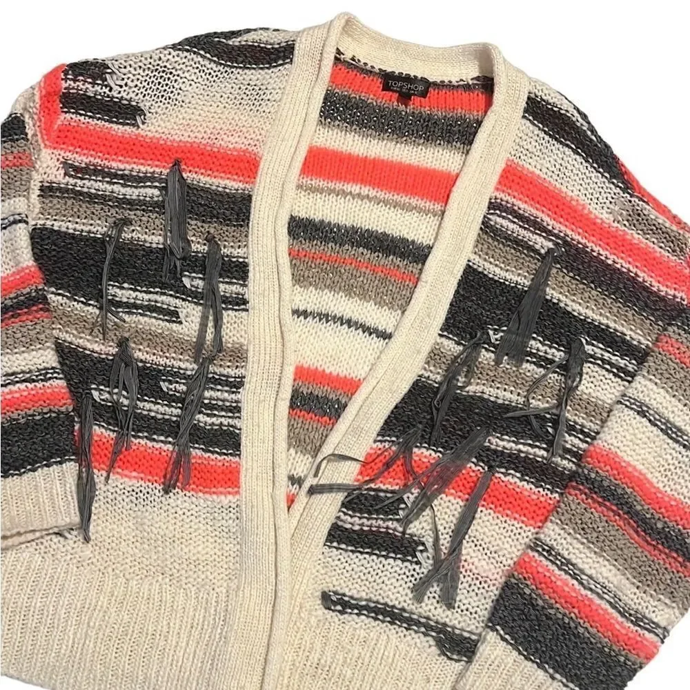 Topshop Tassel Stripe Open Front Chunky Cardigan Sweater Size 8
